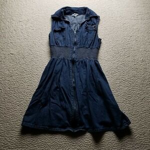 J Lee Shirt Dress Womens M Blue Denim Sleeveless Collared Zip Front Smocked